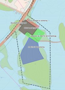 Planområdet for Hessdalskjølen med skisser som viser eksisterende parkeringsplass og avkjørsel, samt mulig areal for utvidelse av parkeringsplass, lekeplass og areal for serveringsbygg og areal for bobilparkering.